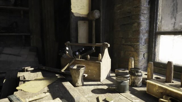 sunlit rustic woodworking bench with tools. plane and chisel rest on worn pine, shavings and sawdust scattered across surface, jars of nails and finishes