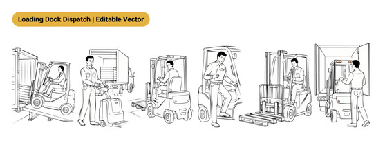 Obraz premium Forklift warehouse logistics vector illustration showing workers loading cargo trucks, shipping containers, and operating pallet jacks in outline style for industrial delivery and supply chain concept