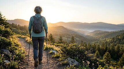 Obraz premium Woman hiking on a mountain trail at sunrise with trekking poles and backpack
