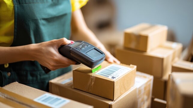 Female seller worker online store holding scanner scanning parcel barcode tag packing ecommerce post shipping box checking online retail store orders in dropshipping delivery service warehouse.