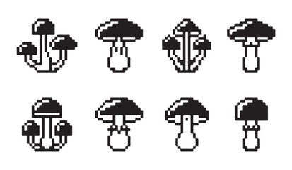 Pixel art mushroom icons, retro game style mushrooms, black and white sprites. © MDABDUR