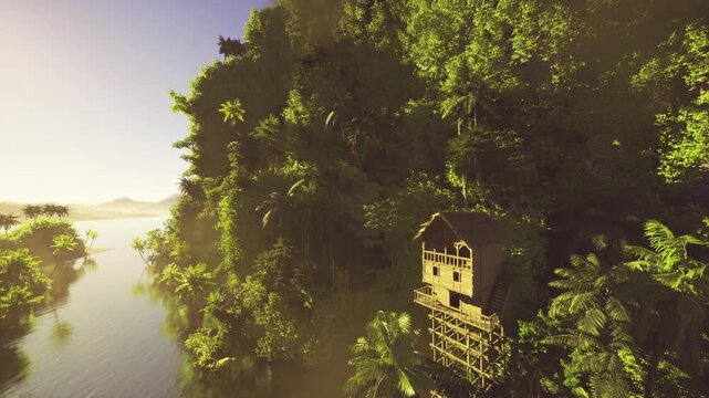 Secluded stilt house tucked inside rainforest, rustic wooden shelter clinging to hillside with veranda peeking through dense leaves, filtered sunlight and misty
