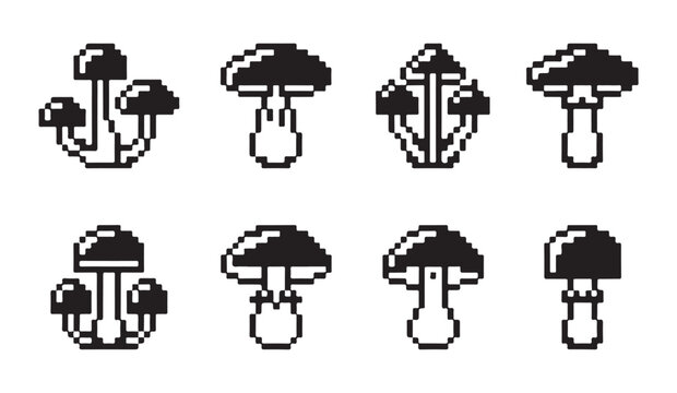 Pixel art mushroom icons, retro game style mushrooms, black and white sprites.