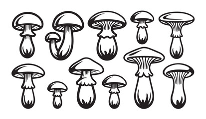 Set of black outline mushroom icons isolated on white background, vector flat illustration. © MDABDUR