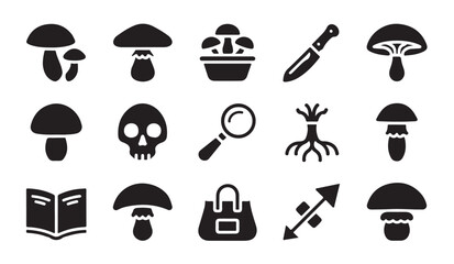 Mushroom silhouette icons set on white background, mushroom basket, skull, loupe, roots, book. © MDABDUR