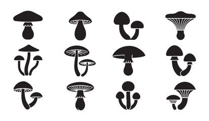 Set of black mushroom silhouette icons isolated on white background, vector flat illustration. © MDABDUR