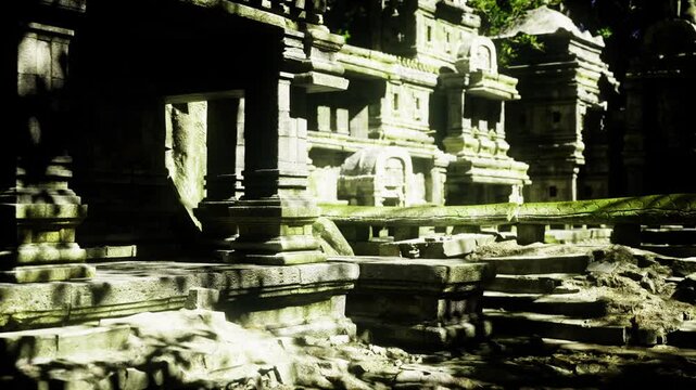 Tranquil temple courtyard with mossy flagstones and scattered carved blocks, soft filtered light and gentle shadows evoke meditative mood and secluded sanctuary