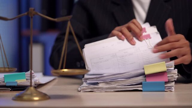 Lawyer Reviewing Case Files with Scales of Justice in Professional Law Office