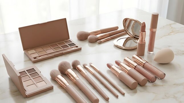 Set of professional makeup brushes and eyeshadow palettes for beauty and cosmetic application. everyday glam for beginners 