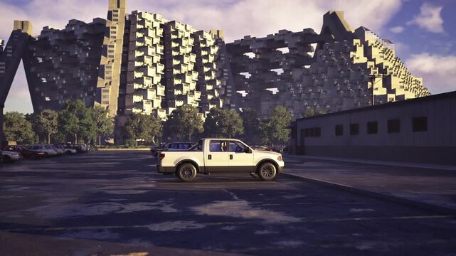White pickup truck parked before decayed complex, evening light casting long shadows over cracked asphalt, industrial architecture and abandoned site mood,