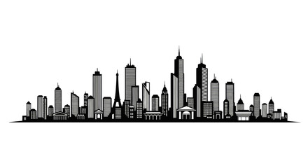 Obraz premium Modern black and white city skyline silhouette vector illustration with generic tall buildings and a prominent tower, urban landscape graphic.
