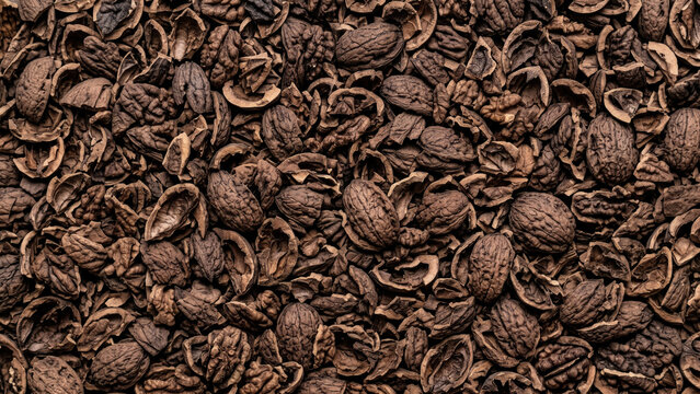Broken brown walnut shells texture background