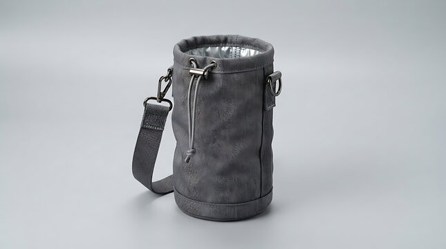 Grey cylindrical insulated water bottle carrier bag with adjustable shoulder strap. insulated drink pocket