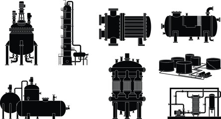 Obraz premium Chemical and Industrial Process Equipment Silhouette Icons for Engineering and Manufacturing Design