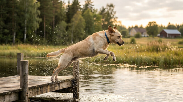 Energetic Golden Retriever Leaping Into A Tranquil Lake From A Wooden Dock During A Beautiful Sunny Afternoon At The Countryside