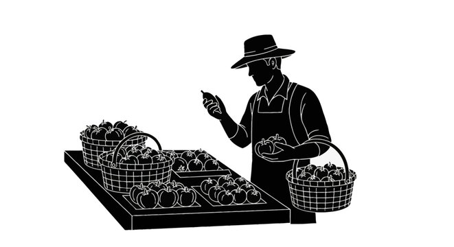 Black silhouette of a male farm worker wearing a hat and apron inspecting fresh produce at a market stall with baskets of apples and tomatoes on a white background.