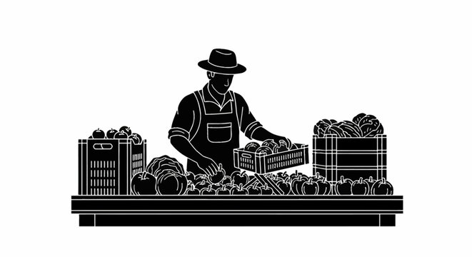 Silhouette of a male farm worker wearing a hat and apron sorting fresh apples and vegetables into wooden crates on a table, isolated on a white background vector illustration.