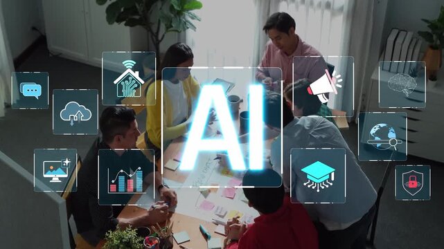A vibrant scene of diverse professionals collaborating around a table, focusing on artificial intelligence strategies, enhanced by technology icons in a modern office environment. Raster