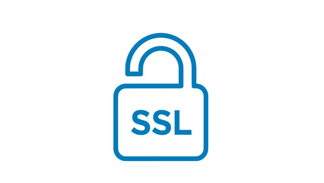 Blue outline of an unlocked padlock with the letters SSL in the center