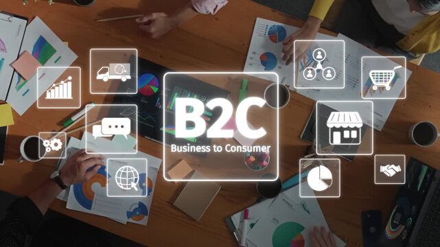 A diverse team engages in a collaborative brainstorming session focused on B2C strategies, utilizing charts and technology in a modern office environment. Raster