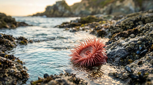 Vibrant Red Sea Anemone Expanding Its Delicate Tentacles Within a Rocky Tidal Pool at Sunset along the Pacific Coastline