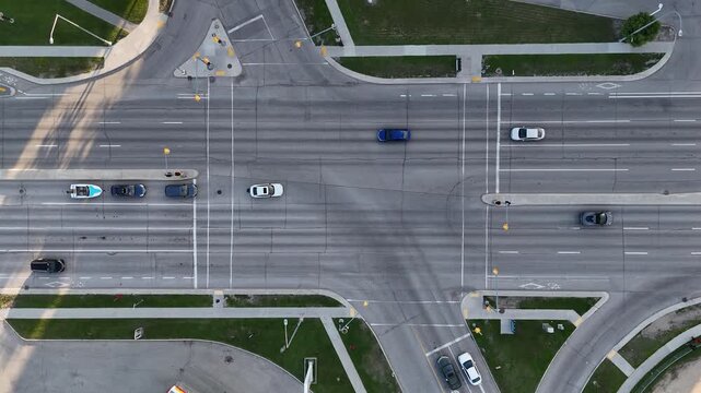 Drone aerial static view of a Winnipeg intersection, Manitoba, Canada. Cars travel through road lanes with traffic lights, sidewalks, grass areas, and surrounding buildings visible.