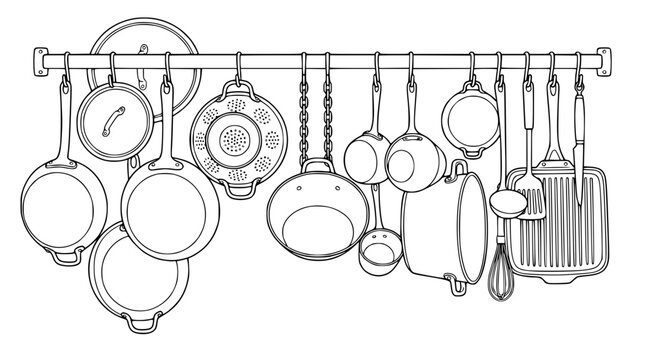 hand drawn kitchenware and cookware hanging on a wall rack line art
