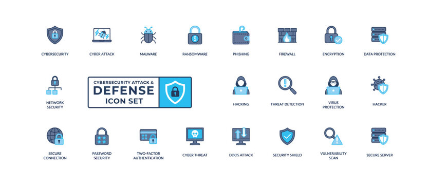 Cybersecurity attack and defense icon set for network protection and digital safety concepts