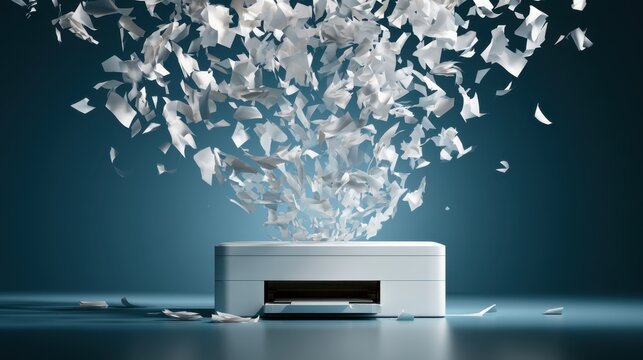 Modern white printer with a large amount of paper flying out from it in a creative and dynamic way on a dark blue background