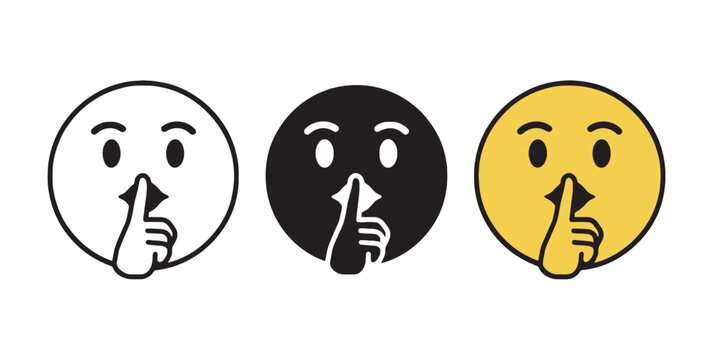 Set of three hush emoji icons with finger on lips gesture for silence or keep quiet message design