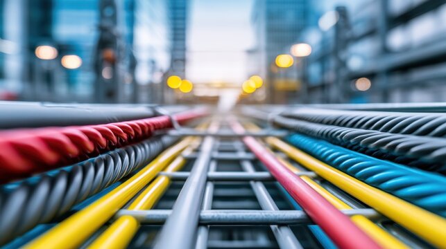 Low angle close-up of multicolored cable wires organized in parallel inside structured metal frame for digital network communication and technology infrastructure installation