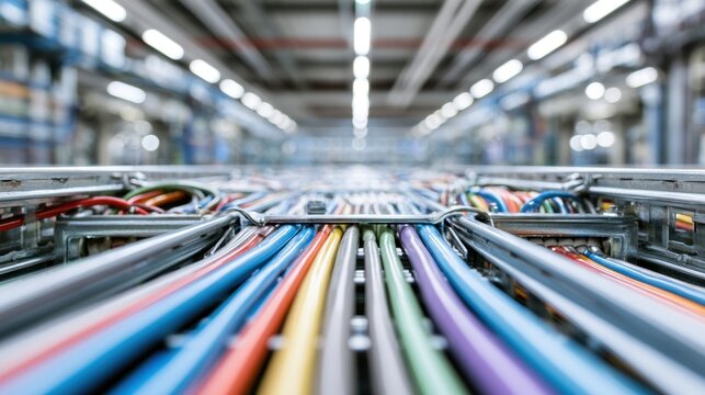 Close-up of colorful electrical cable wire bundles organized in modern industrial facility with blurred warehouse background