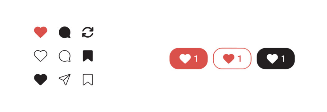 Social media engagement icons set featuring like comment share and save buttons for web design