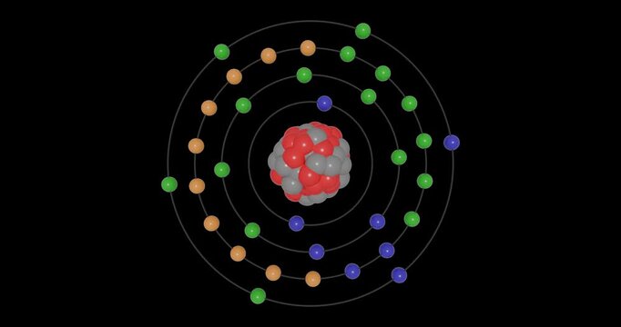 3D animation of a Selenium atom on a transparent background showing shells, subshells, electron orbits, and a nucleus with protons and neutrons, illustrating atomic structure and energy levels.