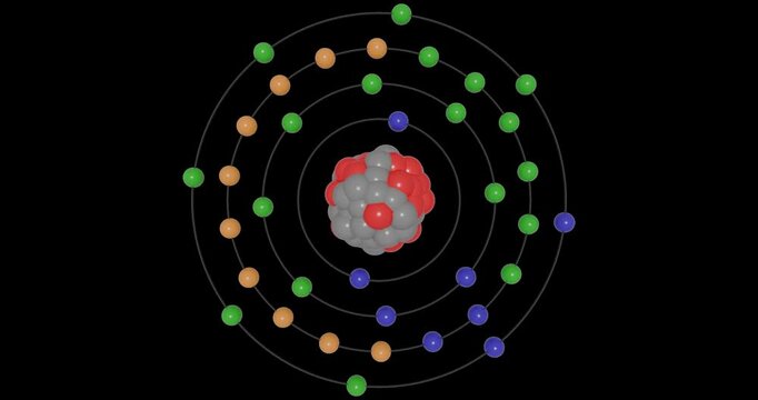 3D animation of a Krypton atom on a transparent background, showing shells, subshells, electron orbitals, and the nucleus contain protons and neutrons, illustrating atomic structure and energy levels.