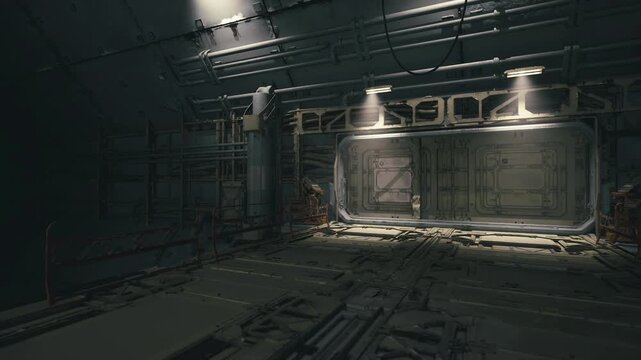Sealed service hatch under industrial lights revealing heavy bolted doors, worn paint, safety railing and dim corridor beyond, tension and secured atmosphere.