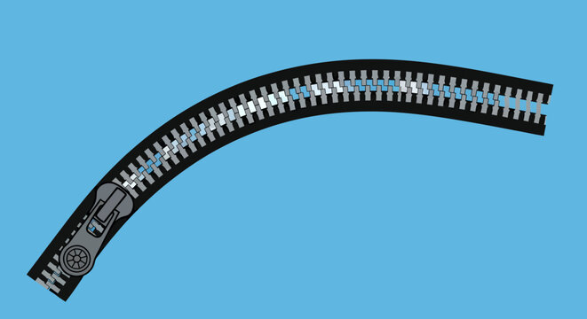 Curved zipper with slider and teeth on blue background, macro graphic element.