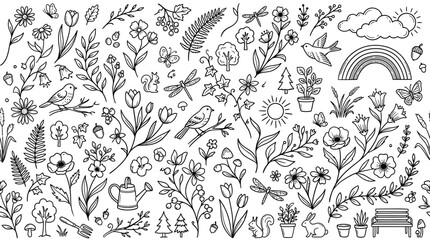 Obraz premium Hand Drawn Botanical And Wildlife Doodle Vector Set Featuring Charming Nature Elements Flowers Birds Trees And Garden Icons In Black And White Style