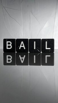 A grayscale image of scrabble tiles spelling 'BAIL' on a reflective surface