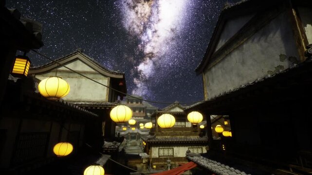 Lanternlit temple alley under galaxy sky, quiet rooftop view with glowing paper lanterns, pagoda silhouette and cobblestone lane, atmospheric night scene