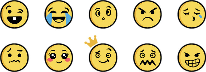Fototapeta premium Art & IllustrationCute Yellow Emoji Vector Icon Set with Diverse Facial Expressions and Emotions for Chat Apps Messaging Social Media and Graphic Designs