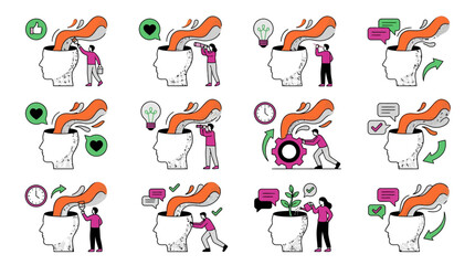Fototapeta premium Brainstorming and Idea Generation Concept: People Injecting Ideas into Human Head