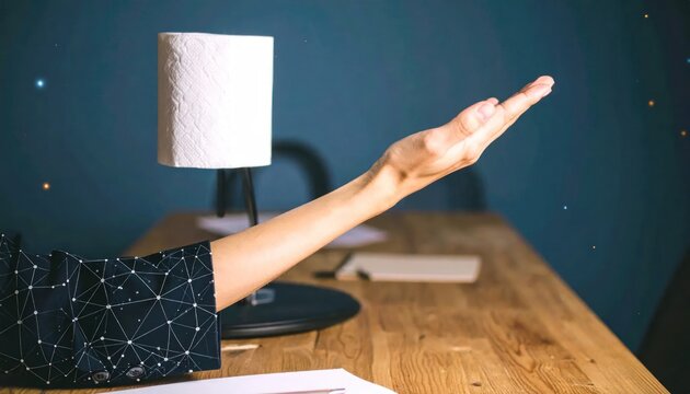 Person's hand appearing to levitate a roll of white toilet paper against a dark blue background with glowing light particles creating a magical and surreal concept.
