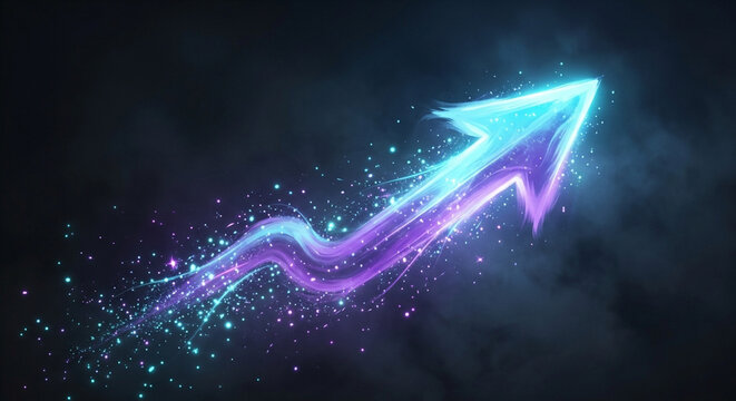 Abstract glowing neon arrow pointing upwards representing business growth and success.