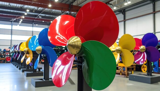Vividly Colored Boat Propellers Displayed in a Row in a Marine Equipment Showroom Showcasing Diverse Designs and Bright Metallic Finishes