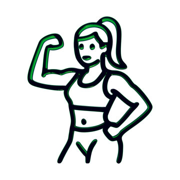 Strong fit woman flexing her arms showing muscles in a simple black and green outline icon design isolated on transparent background