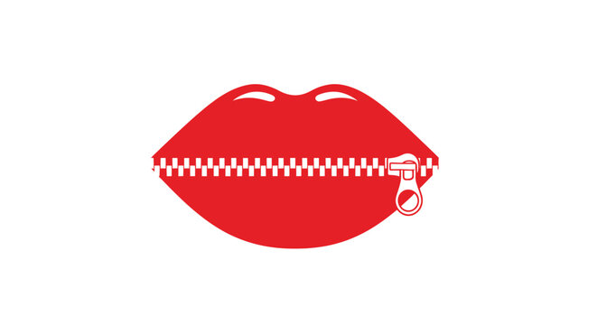 Red lips illustration with zipper across mouth symbolizing silenced speech and censorship.