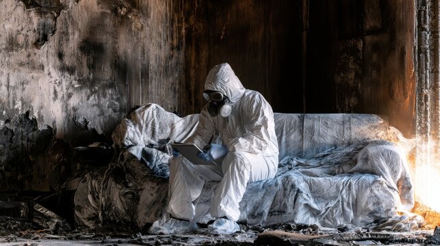 Man in full protective suit and gas mask inspecting a burnt room on a damaged couch and holding a clipboard with debris and wall stains in ruined interior space