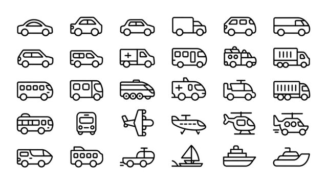 Collection of flat design icons showing various transportation and utility vehicles Vector