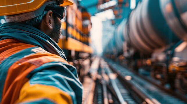 Construction worker wearing safety helmet and reflective jacket inspecting railway track and train in industrial transportation environment during daytime